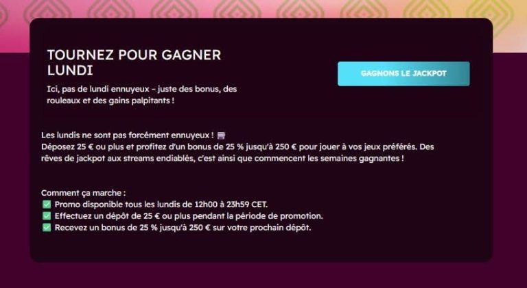 Let's Jackpot Casino bonus lundi