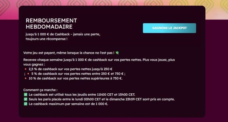 Let's Jackpot Casino cashback hebdomadaire